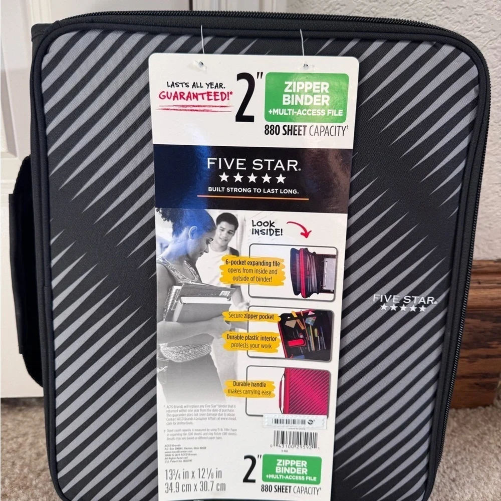 Five Star Zipper Binder, 2 Inch 3-Ring Binder 2 Black & Gray Stripes